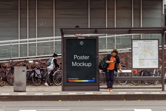 Urban bus stop poster mockup in a street setting with people and bicycles, ideal for designers looking for realistic advertising mockups.